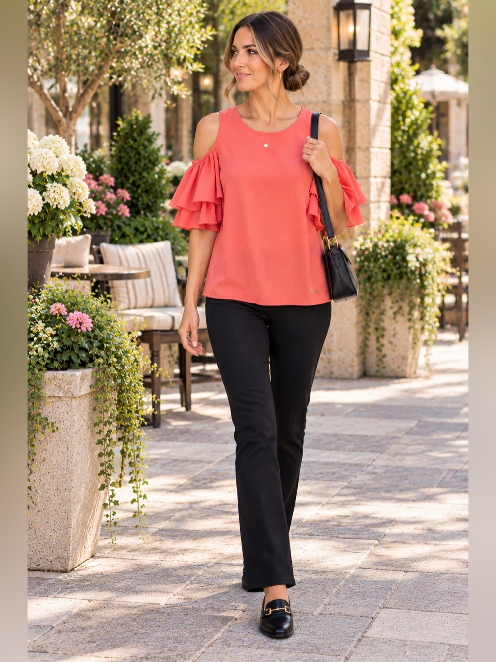 Michael Kors Coral Cold Shoulder Ruffle Sleeve Blouse Small